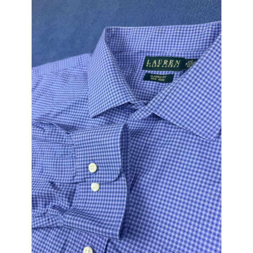 Lauren Ralph Lauren Mens 16 34/35 Classic Fit Blue Check Non Iron Dress Shirt